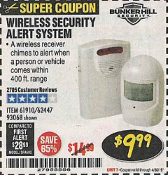 Harbor Freight Coupon WIRELESS SECURITY ALERT SYSTEM Lot No. 61910 / 62447 / 90368 Expired: 4/30/19 - $9.99