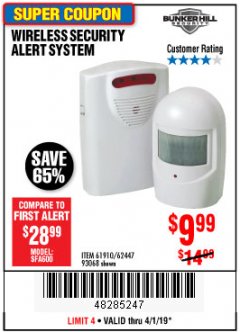 Harbor Freight Coupon WIRELESS SECURITY ALERT SYSTEM Lot No. 61910 / 62447 / 90368 Expired: 4/1/19 - $9.99