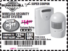 Harbor Freight Coupon WIRELESS SECURITY ALERT SYSTEM Lot No. 61910 / 62447 / 90368 Expired: 8/1/19 - $9.99
