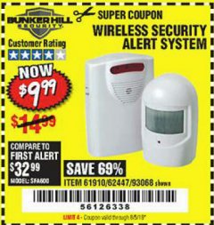 Harbor Freight Coupon WIRELESS SECURITY ALERT SYSTEM Lot No. 61910 / 62447 / 90368 Expired: 8/5/19 - $9.99