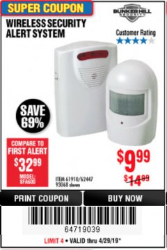 Harbor Freight Coupon WIRELESS SECURITY ALERT SYSTEM Lot No. 61910 / 62447 / 90368 Expired: 4/28/19 - $9.99