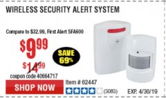 Harbor Freight Coupon WIRELESS SECURITY ALERT SYSTEM Lot No. 61910 / 62447 / 90368 Expired: 4/21/19 - $9.99