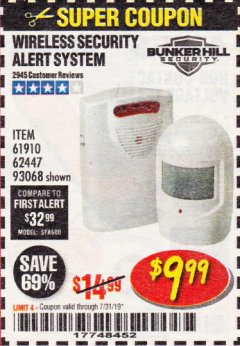 Harbor Freight Coupon WIRELESS SECURITY ALERT SYSTEM Lot No. 61910 / 62447 / 90368 Expired: 7/31/19 - $9.99