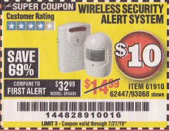 Harbor Freight Coupon WIRELESS SECURITY ALERT SYSTEM Lot No. 61910 / 62447 / 90368 Expired: 7/27/19 - $0.1