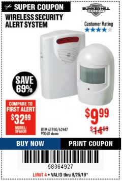 Harbor Freight Coupon WIRELESS SECURITY ALERT SYSTEM Lot No. 61910 / 62447 / 90368 Expired: 8/25/19 - $9.99