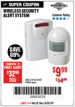 Harbor Freight Coupon WIRELESS SECURITY ALERT SYSTEM Lot No. 61910 / 62447 / 90368 Expired: 8/25/19 - $9.99