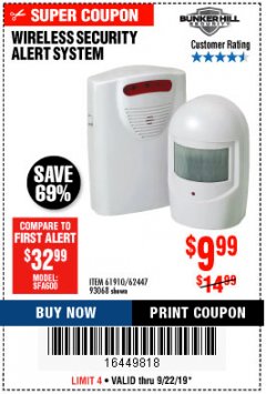 Harbor Freight Coupon WIRELESS SECURITY ALERT SYSTEM Lot No. 61910 / 62447 / 90368 Expired: 9/22/19 - $9.99