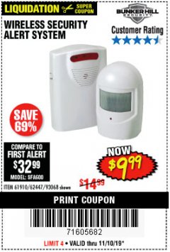Harbor Freight Coupon WIRELESS SECURITY ALERT SYSTEM Lot No. 61910 / 62447 / 90368 Expired: 11/10/19 - $9.99