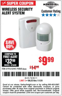 Harbor Freight Coupon WIRELESS SECURITY ALERT SYSTEM Lot No. 61910 / 62447 / 90368 Expired: 1/1/20 - $9.99