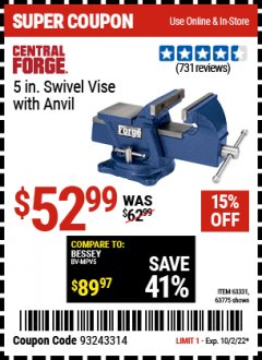Harbor Freight Coupon 5" SWIVEL VISE WITH ANVIL Lot No. 61551/67039 EXPIRES: 10/2/22 - $52.99