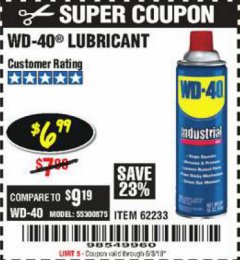 Harbor Freight Coupon 16 OZ WD-40 LUBRICANTS Lot No. 35985/62233 Expired: 6/3/19 - $6.99