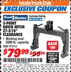 Harbor Freight ITC Coupon 3-POINT QUICK HITCH Lot No. 97214 Expired: 11/4/18 - $79.99