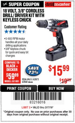 Harbor Freight Coupon 18 VOLT CORDLESS 3/8" DRILL/DRIVER WITH KEYLESS CHUCK Lot No. 68239/69651/62868/62873 Expired: 3/17/19 - $15.99