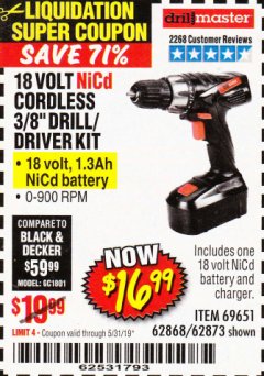 Harbor Freight Coupon 18 VOLT CORDLESS 3/8" DRILL/DRIVER WITH KEYLESS CHUCK Lot No. 68239/69651/62868/62873 Expired: 5/31/19 - $16.99