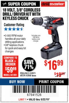 Harbor Freight Coupon 18 VOLT CORDLESS 3/8" DRILL/DRIVER WITH KEYLESS CHUCK Lot No. 68239/69651/62868/62873 Expired: 9/22/19 - $16.99