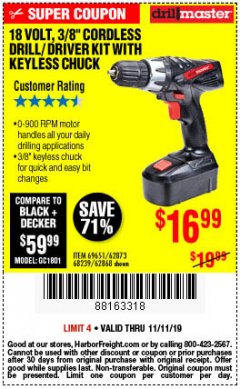 Harbor Freight Coupon 18 VOLT CORDLESS 3/8" DRILL/DRIVER WITH KEYLESS CHUCK Lot No. 68239/69651/62868/62873 Expired: 11/11/19 - $16.99