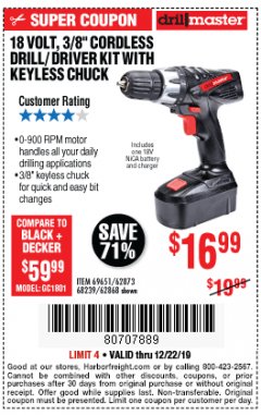 Harbor Freight Coupon 18 VOLT CORDLESS 3/8" DRILL/DRIVER WITH KEYLESS CHUCK Lot No. 68239/69651/62868/62873 Expired: 12/22/19 - $16.99