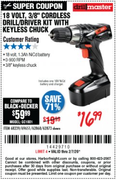 Harbor Freight Coupon 18 VOLT CORDLESS 3/8" DRILL/DRIVER WITH KEYLESS CHUCK Lot No. 68239/69651/62868/62873 Expired: 2/7/20 - $16.99