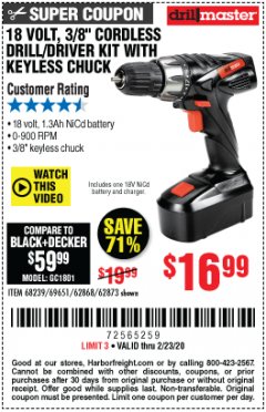 Harbor Freight Coupon 18 VOLT CORDLESS 3/8" DRILL/DRIVER WITH KEYLESS CHUCK Lot No. 68239/69651/62868/62873 Expired: 2/23/20 - $16.99