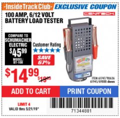 Harbor Freight ITC Coupon 100 AMP 6/12 VOLT BATTERY LOAD TESTER Lot No. 90636/61747/61945/69888 Expired: 5/21/19 - $14.99