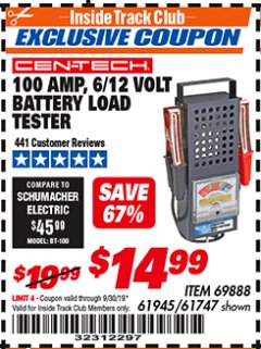 Harbor Freight ITC Coupon 100 AMP 6/12 VOLT BATTERY LOAD TESTER Lot No. 90636/61747/61945/69888 Expired: 9/30/19 - $14.99
