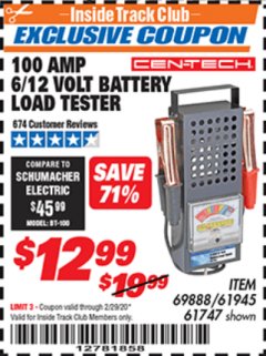 Harbor Freight ITC Coupon 100 AMP 6/12 VOLT BATTERY LOAD TESTER Lot No. 90636/61747/61945/69888 Expired: 2/29/20 - $12.99