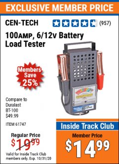 Harbor Freight ITC Coupon 100 AMP 6/12 VOLT BATTERY LOAD TESTER Lot No. 90636/61747/61945/69888 Expired: 10/31/20 - $14.99