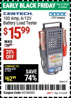 Harbor Freight Coupon 100 AMP 6/12 VOLT BATTERY LOAD TESTER Lot No. 90636/61747/61945/69888 Expired: 11/12/23 - $15.99
