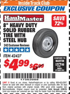 Harbor Freight ITC Coupon 8" HEAVY DUTY SOLID RUBBER TIRE WITH STEEL HUB Lot No. 42427 Expired: 2/28/19 - $4.99