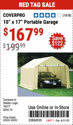 Harbor Freight Coupon COVERPRO 10 FT. X 17 FT. PORTABLE GARAGE Lot No. 62859, 63055, 62860 Expired: 8/31/20 - $167.99