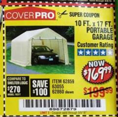 Harbor Freight Coupon COVERPRO 10 FT. X 17 FT. PORTABLE GARAGE Lot No. 62859, 63055, 62860 Expired: 9/5/18 - $169.99