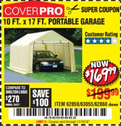 Harbor Freight Coupon COVERPRO 10 FT. X 17 FT. PORTABLE GARAGE Lot No. 62859, 63055, 62860 Expired: 11/10/18 - $169.99