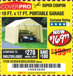 Harbor Freight Coupon COVERPRO 10 FT. X 17 FT. PORTABLE GARAGE Lot No. 62859, 63055, 62860 Expired: 10/1/18 - $169.99