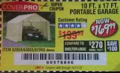 Harbor Freight Coupon COVERPRO 10 FT. X 17 FT. PORTABLE GARAGE Lot No. 62859, 63055, 62860 Expired: 10/11/18 - $169.99