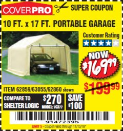 Harbor Freight Coupon COVERPRO 10 FT. X 17 FT. PORTABLE GARAGE Lot No. 62859, 63055, 62860 Expired: 11/13/18 - $169.99