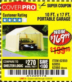 Harbor Freight Coupon COVERPRO 10 FT. X 17 FT. PORTABLE GARAGE Lot No. 62859, 63055, 62860 Expired: 12/20/18 - $169.99