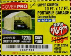 Harbor Freight Coupon COVERPRO 10 FT. X 17 FT. PORTABLE GARAGE Lot No. 62859, 63055, 62860 Expired: 12/21/18 - $169.99