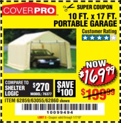 Harbor Freight Coupon COVERPRO 10 FT. X 17 FT. PORTABLE GARAGE Lot No. 62859, 63055, 62860 Expired: 1/7/19 - $169.99