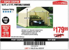 Harbor Freight Coupon COVERPRO 10 FT. X 17 FT. PORTABLE GARAGE Lot No. 62859, 63055, 62860 Expired: 9/23/18 - $179.99