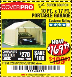 Harbor Freight Coupon COVERPRO 10 FT. X 17 FT. PORTABLE GARAGE Lot No. 62859, 63055, 62860 Expired: 1/11/19 - $169.99