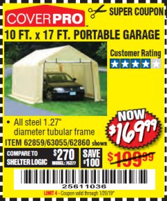 Harbor Freight Coupon COVERPRO 10 FT. X 17 FT. PORTABLE GARAGE Lot No. 62859, 63055, 62860 Expired: 1/20/19 - $169.99