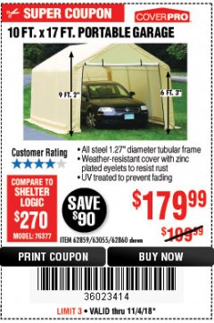 Harbor Freight Coupon COVERPRO 10 FT. X 17 FT. PORTABLE GARAGE Lot No. 62859, 63055, 62860 Expired: 11/4/18 - $179.99