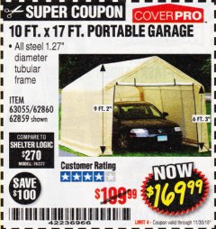 Harbor Freight Coupon COVERPRO 10 FT. X 17 FT. PORTABLE GARAGE Lot No. 62859, 63055, 62860 Expired: 11/30/18 - $169.99