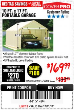 Harbor Freight Coupon COVERPRO 10 FT. X 17 FT. PORTABLE GARAGE Lot No. 62859, 63055, 62860 Expired: 12/31/18 - $169.99