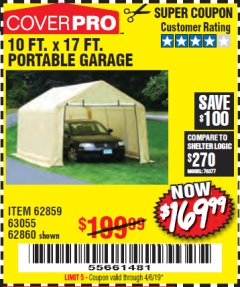 Harbor Freight Coupon COVERPRO 10 FT. X 17 FT. PORTABLE GARAGE Lot No. 62859, 63055, 62860 Expired: 4/6/19 - $169.99