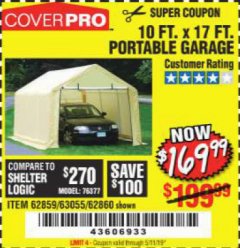 Harbor Freight Coupon COVERPRO 10 FT. X 17 FT. PORTABLE GARAGE Lot No. 62859, 63055, 62860 Expired: 5/11/19 - $169.99