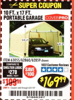 Harbor Freight Coupon COVERPRO 10 FT. X 17 FT. PORTABLE GARAGE Lot No. 62859, 63055, 62860 Expired: 3/31/19 - $169.99
