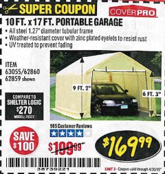 Harbor Freight Coupon COVERPRO 10 FT. X 17 FT. PORTABLE GARAGE Lot No. 62859, 63055, 62860 Expired: 4/30/19 - $169.99