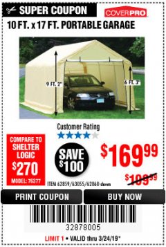 Harbor Freight Coupon COVERPRO 10 FT. X 17 FT. PORTABLE GARAGE Lot No. 62859, 63055, 62860 Expired: 3/24/19 - $169.99