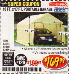 Harbor Freight Coupon COVERPRO 10 FT. X 17 FT. PORTABLE GARAGE Lot No. 62859, 63055, 62860 Expired: 7/31/19 - $169.99